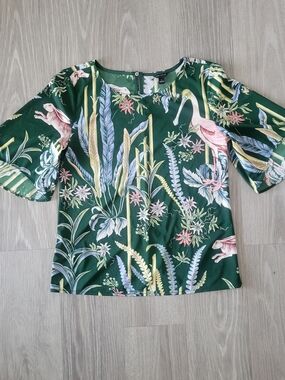 Ann Taylor Green Tropical Botanical Print Short Flowy Sleeve Blouse